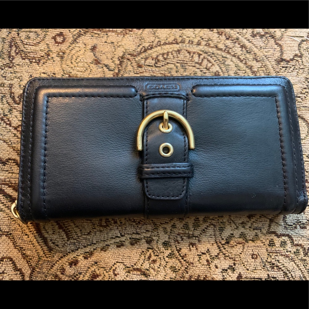 COACH Black Leather Zip Around Accordion Wallet
